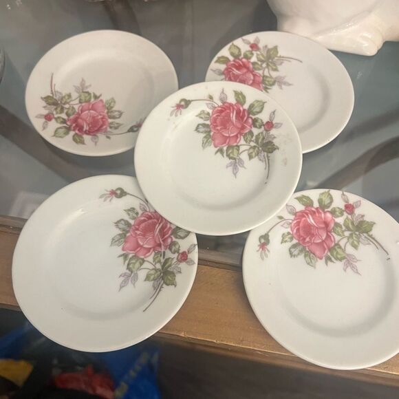 Japanese stamped set of 5 vintage Floral White and Pink Porcelain small Plates - Picture 3 of 6